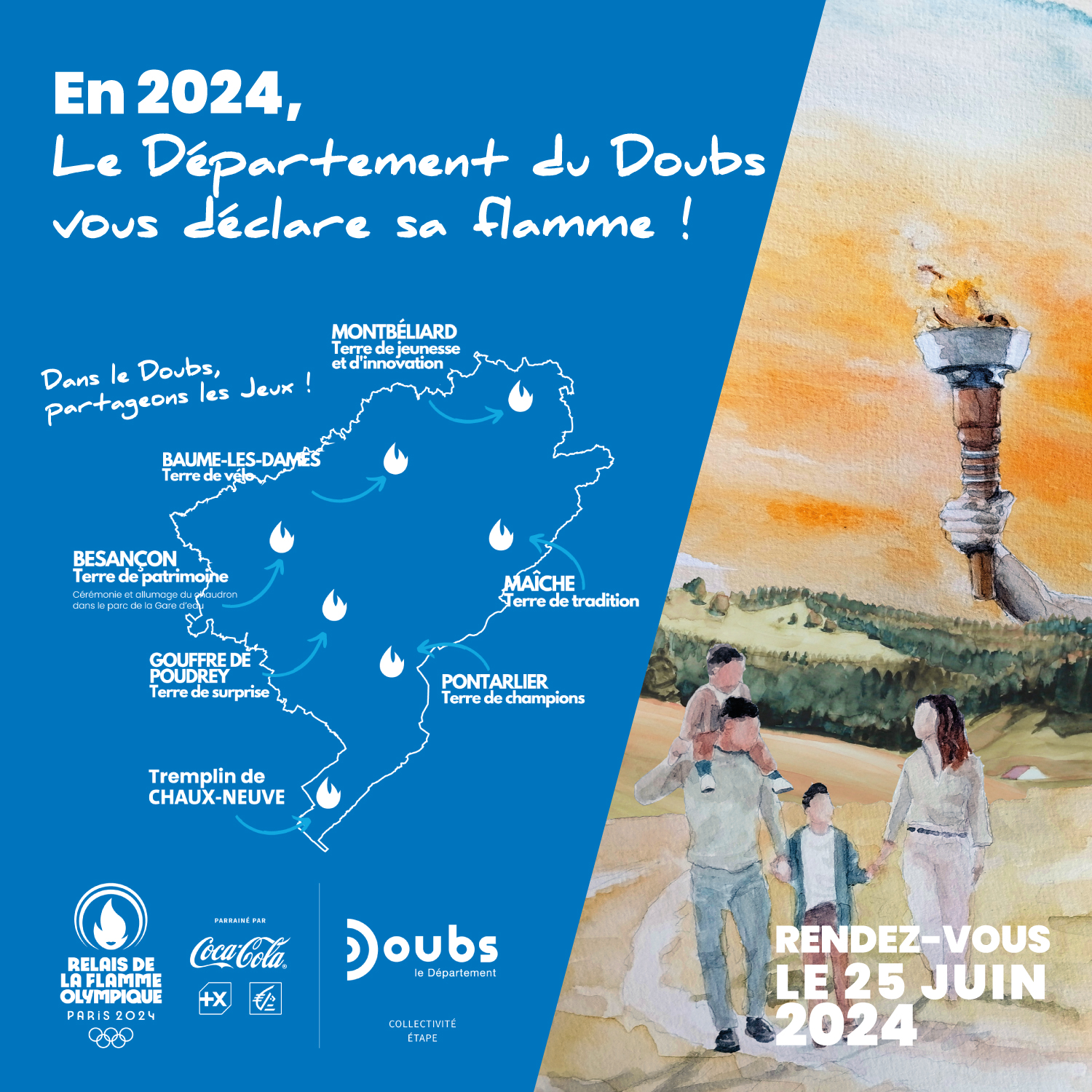 Carte du trajet de la flamme olympique dans le Doubs, accompagné d'une aquarelle d'une famille devant un paysage et surplombés par la torche olympique
